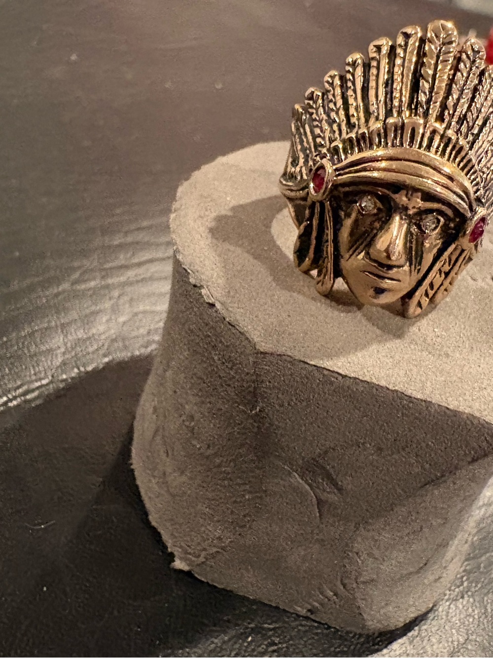 Gold-Tone Native Chief Ring with Red Accent - Men’s Accessory
